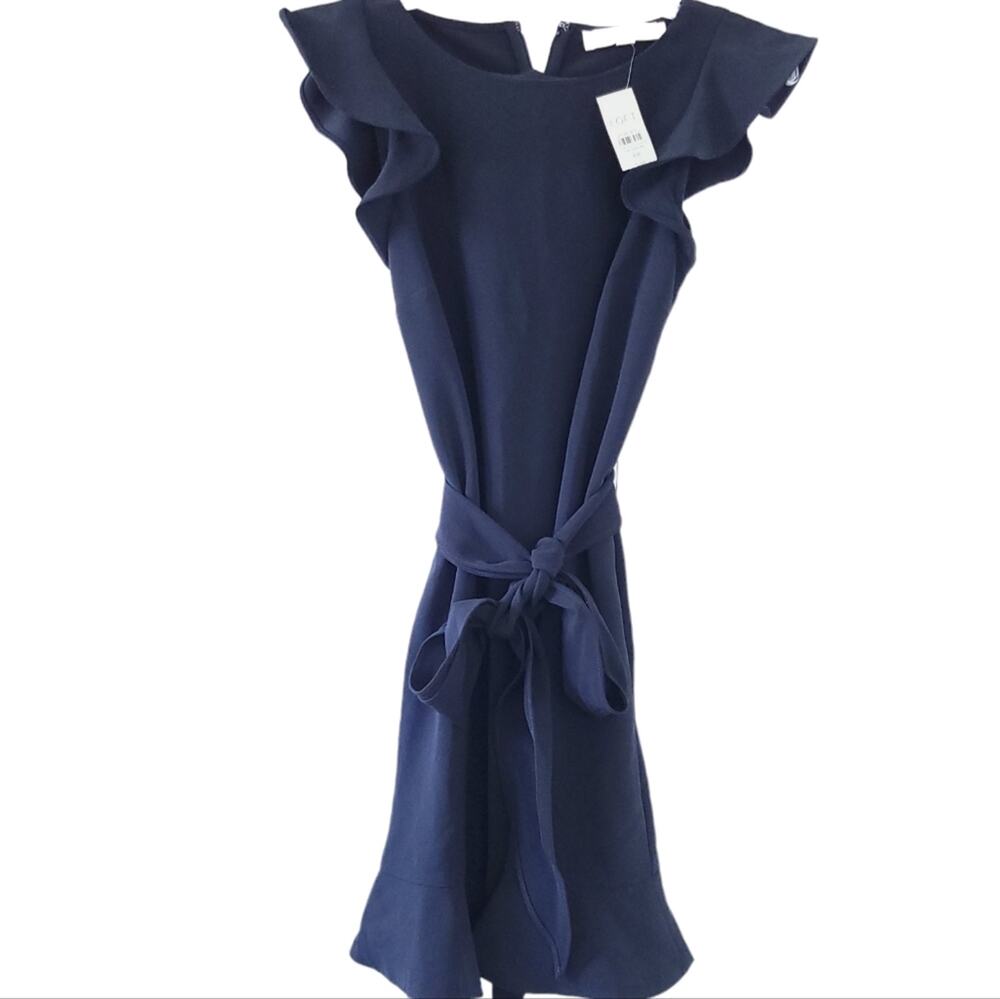 NEW Loft Dress Black Size 0P Short Sleeve, Ruffle, Front Tie Career Casual Dress